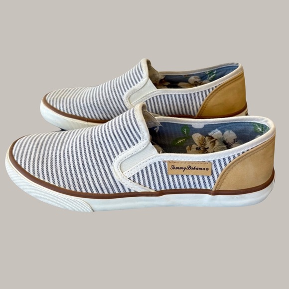 Tommy Bahama Shoes - Tommy Bahama Sneakers Womens 8.5 Preppy Striped Neutral Canvas Slip On